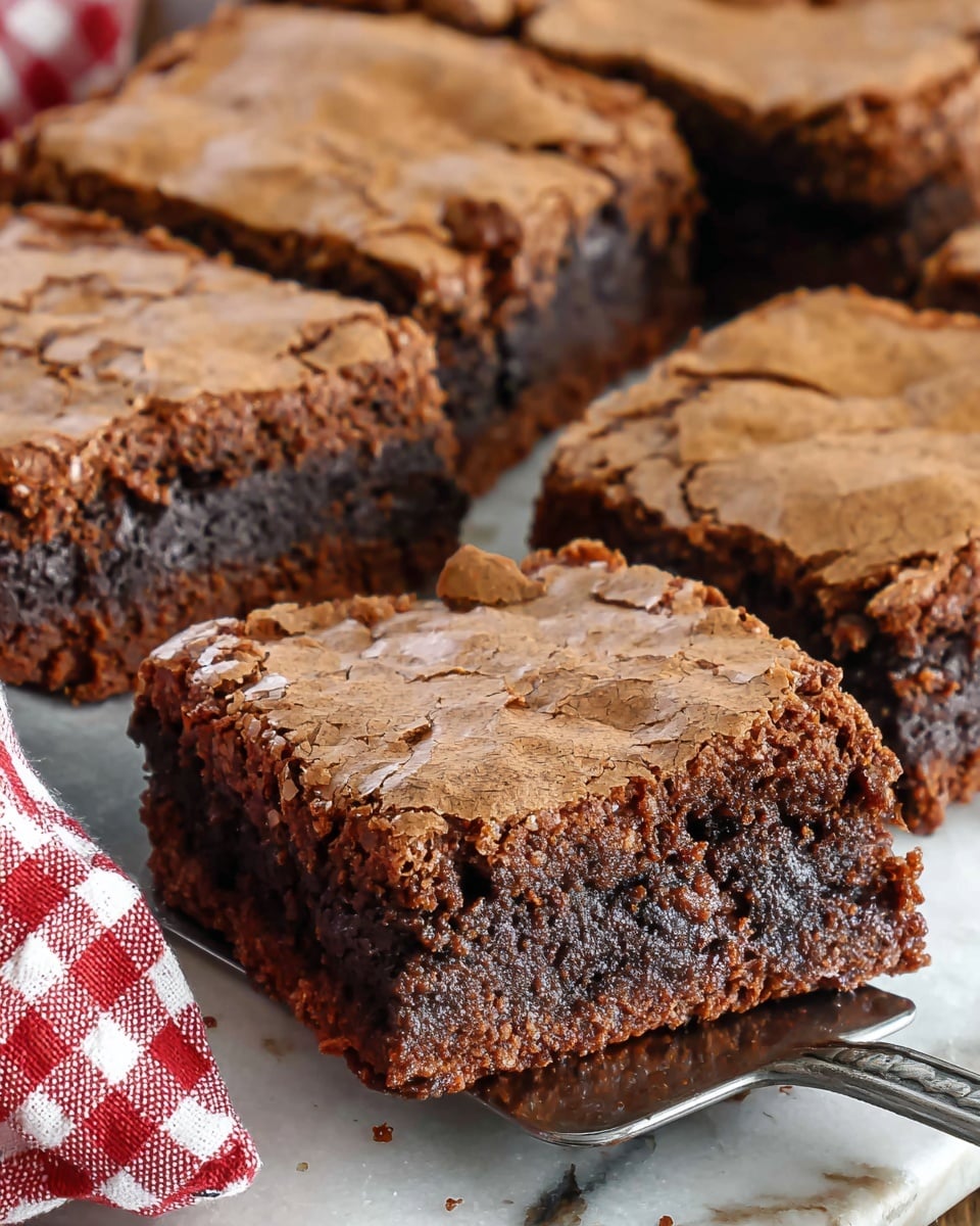 A close-up view of several square chocolate brownies with a cracked top layer showing a slightly crisp, light brown texture. Below the top, there is a thick, darker, moist chocolate middle layer, resting on a dense, rich brown bottom layer. One brownie is lifted on a metal spatula, showing its three distinct layers clearly. The brownies are on a white marbled surface with a red and white checkered cloth visible on the left side. photo taken with an iphone --ar 4:5 --v 7