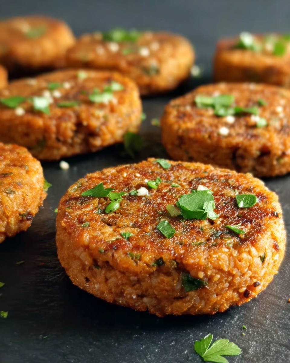 The image shows several round, cooked patties with a textured, golden-brown surface, scattered on a dark, flat surface. Each patty is topped with small green herb pieces, adding a fresh color contrast. The patties are evenly spaced, with one in clear focus in the front center, showing its coarse texture and herb bits clearly, while others blur slightly in the background, creating depth. The photo is crisp, capturing the coarse, crumbly texture of the patties and the fresh green garnish nicely. photo taken with an iphone --ar 4:5 --v 7