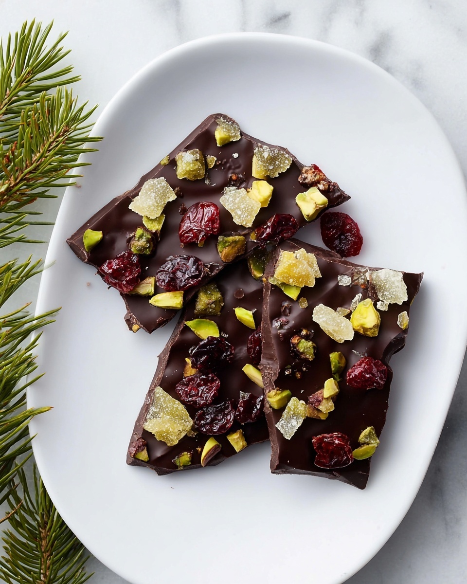 Three pieces of dark chocolate bark are spread out on a white plate. Each piece has a smooth, shiny dark brown top layer, topped with small chunks of light yellow candied ginger, green pistachio nuts, and deep red dried cranberries scattered unevenly. The chocolate pieces have rough, irregular edges, and the plate rests on a white marbled surface with green pine needles nearby. photo taken with an iphone --ar 4:5 --v 7