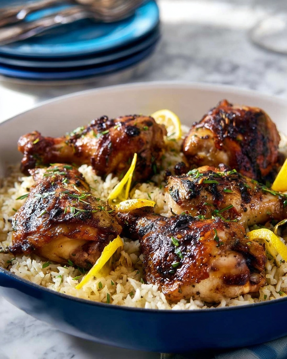 A dish featuring four well-cooked, browned chicken pieces placed over a bed of light-colored rice in a white bowl. The chicken pieces have a crispy, golden-brown skin with some dark grill marks, and are sprinkled with green herbs. There are thin, long slices of yellow lemon peel scattered among the chicken, adding a pop of bright color. The bowl sits on a white marbled surface, with a couple of blue plates stacked and silver forks visible in the background. photo taken with an iphone --ar 4:5 --v 7