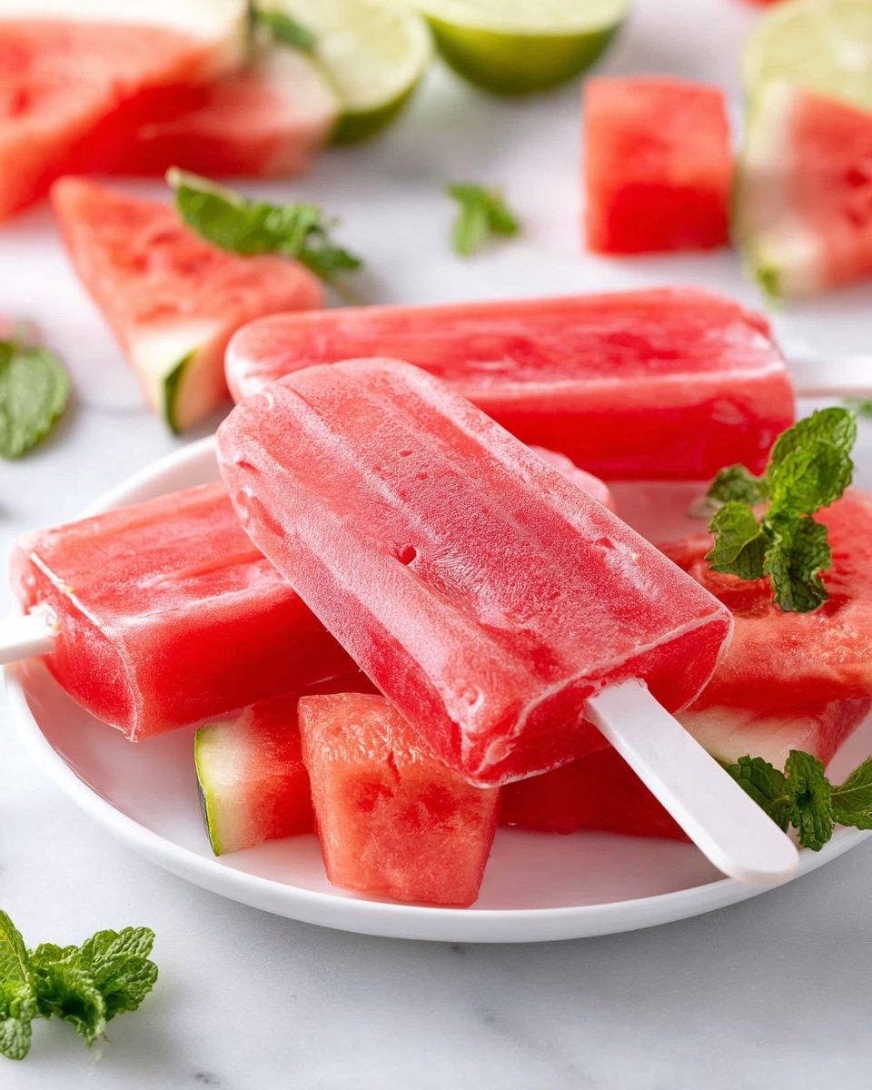 There are three red popsicles with a smooth icy texture on white plastic sticks placed on a white plate. Around the popsicles, there are pieces of watermelon with a bright red color and green rind, along with fresh green mint leaves scattered on the plate. In the background, there are some green lime slices and more watermelon pieces. The whole setting is on a white marbled surface. photo taken with an iphone --ar 4:5 --v 7