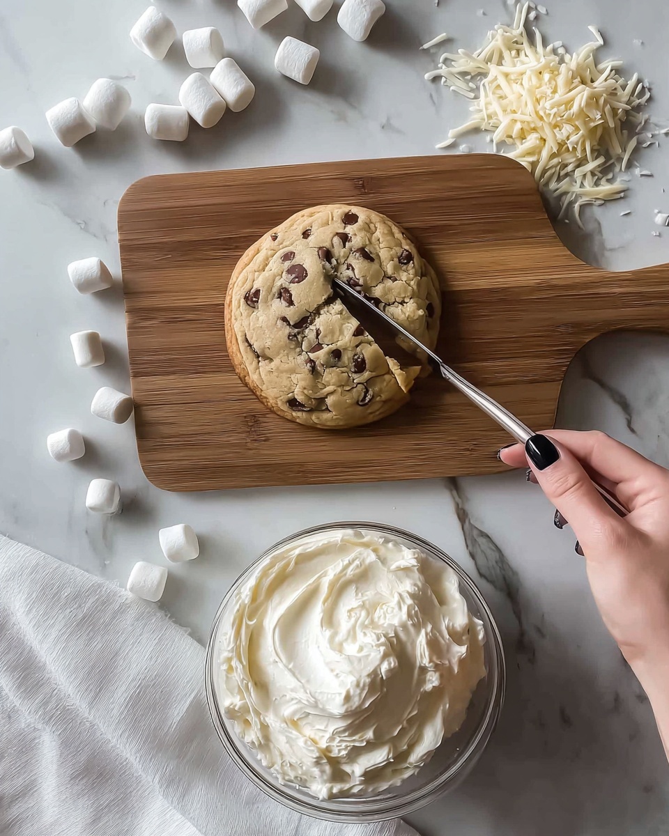 A round chocolate chip cookie sits on a wooden cutting board with a knife slicing through its center, held by a woman's hand with black nail polish. Below the board is a clear glass bowl filled with thick white frosting, with a spoon inside it. Small white marshmallows and shredded white chocolate pieces are scattered around on a white marbled surface next to the board and a white cloth. Photo taken with an iphone --ar 4:5 --v 7