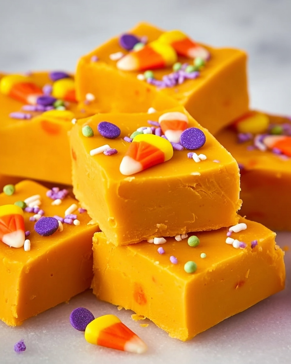 The image shows several square pieces of bright orange fudge stacked on a white marbled surface. Each piece is smooth and thick, with a soft texture. The fudge is topped with small candy decorations including white, purple, green, and yellow sprinkles scattered across the surface. Larger candy corn pieces, with their signature orange, yellow, and white colors, are placed on top of some fudge squares, adding contrast and detail. The colors are vibrant against the white marbled background, making the candies stand out clearly. photo taken with an iphone --ar 4:5 --v 7