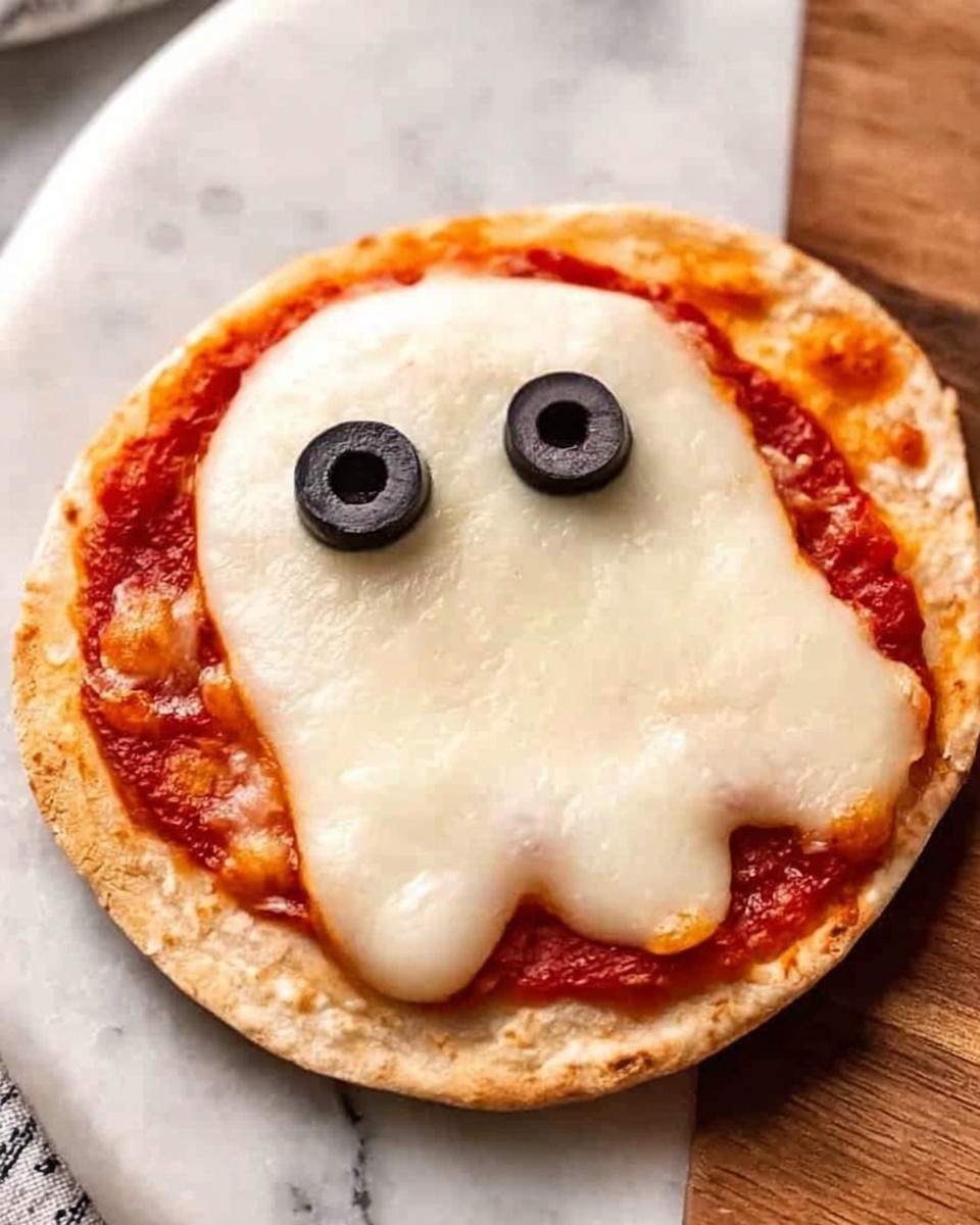 A small round pizza with one base layer of light golden-brown crust, topped with a smooth layer of red tomato sauce visible at the edges, and a single thick layer of melted white cheese shaped like a ghost covering most of the pizza surface. Two black olive slices are placed near the top center as eyes. The pizza is on a white marbled surface with a wooden board partially visible underneath. A woman's hand is gently holding the wooden board from the right side. photo taken with an iphone --ar 4:5 --v 7