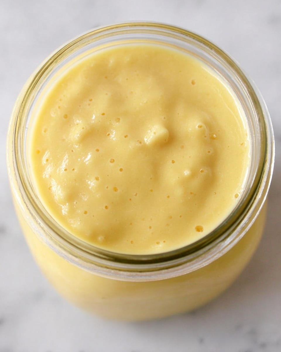 A close-up top view of a clear glass jar filled with thick, smooth, creamy yellow sauce that has a soft texture and slight air bubbles on the surface. The sauce is filled to the top of the jar and has a slight glossy shine. The background is a white marbled texture photo taken with an iphone --ar 4:5 --v 7