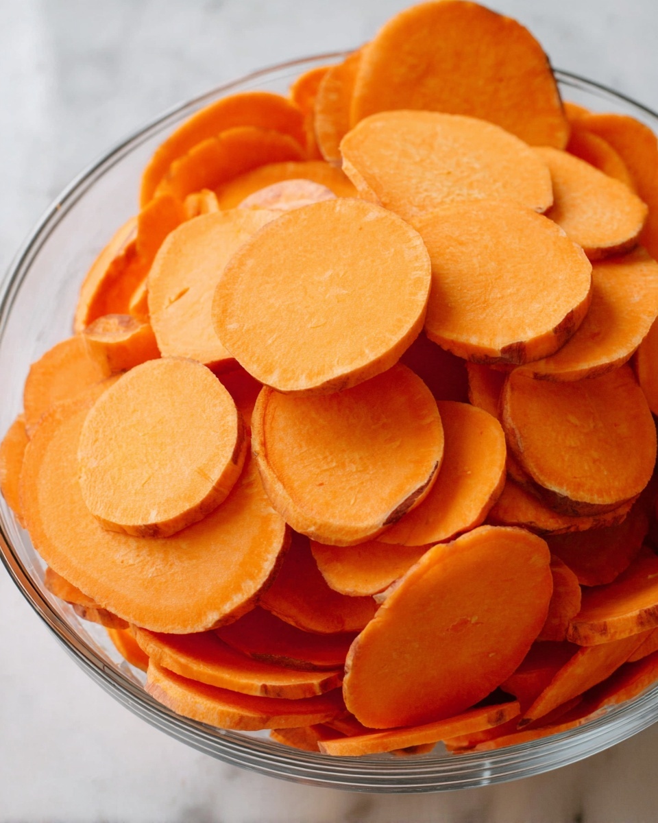 A clear bowl is filled with many thin slices of bright orange sweet potato. The slices are stacked and layered unevenly, showing their smooth, slightly moist textures with some round edges and tiny natural marks. They fill the bowl fully, with some pieces leaning on each other. The background is a white marbled texture. photo taken with an iphone --ar 4:5 --v 7