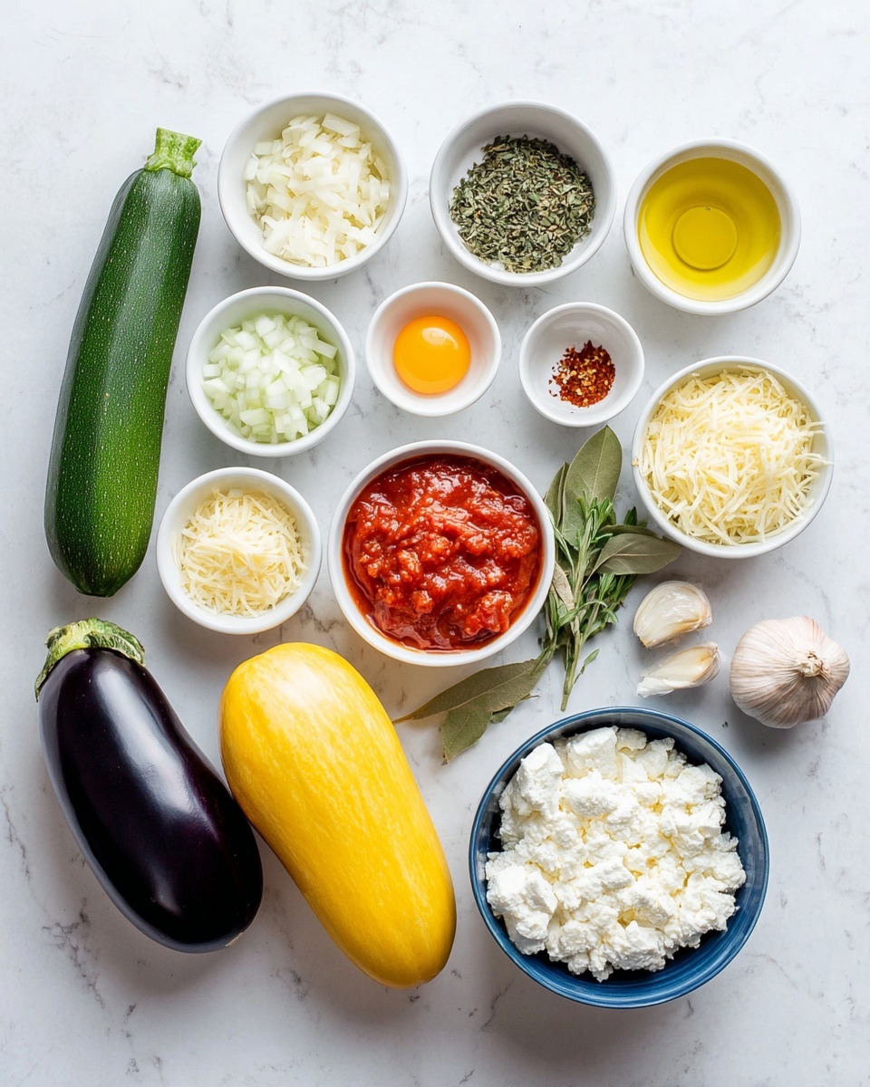 This image shows ingredients for a recipe all placed neatly on a white marbled surface. There are three whole vegetables at the bottom left: a dark green zucchini, a yellow squash, and a shiny deep purple eggplant. Moving clockwise, small white bowls hold diced white onions, fresh green thyme and basil, shredded white cheese, red tomato sauce, and crumbly yellow cheese chunks. There are also small bowls with clear olive oil, crushed red chili flakes with a bay leaf, salt with black pepper, and a raw egg yolk. A blue bowl holds white cottage cheese near the bottom right, next to three garlic cloves and a whole bulb of garlic. The items are all arranged in a clean, bright setup with soft natural light. photo taken with an iphone --ar 4:5 --v 7