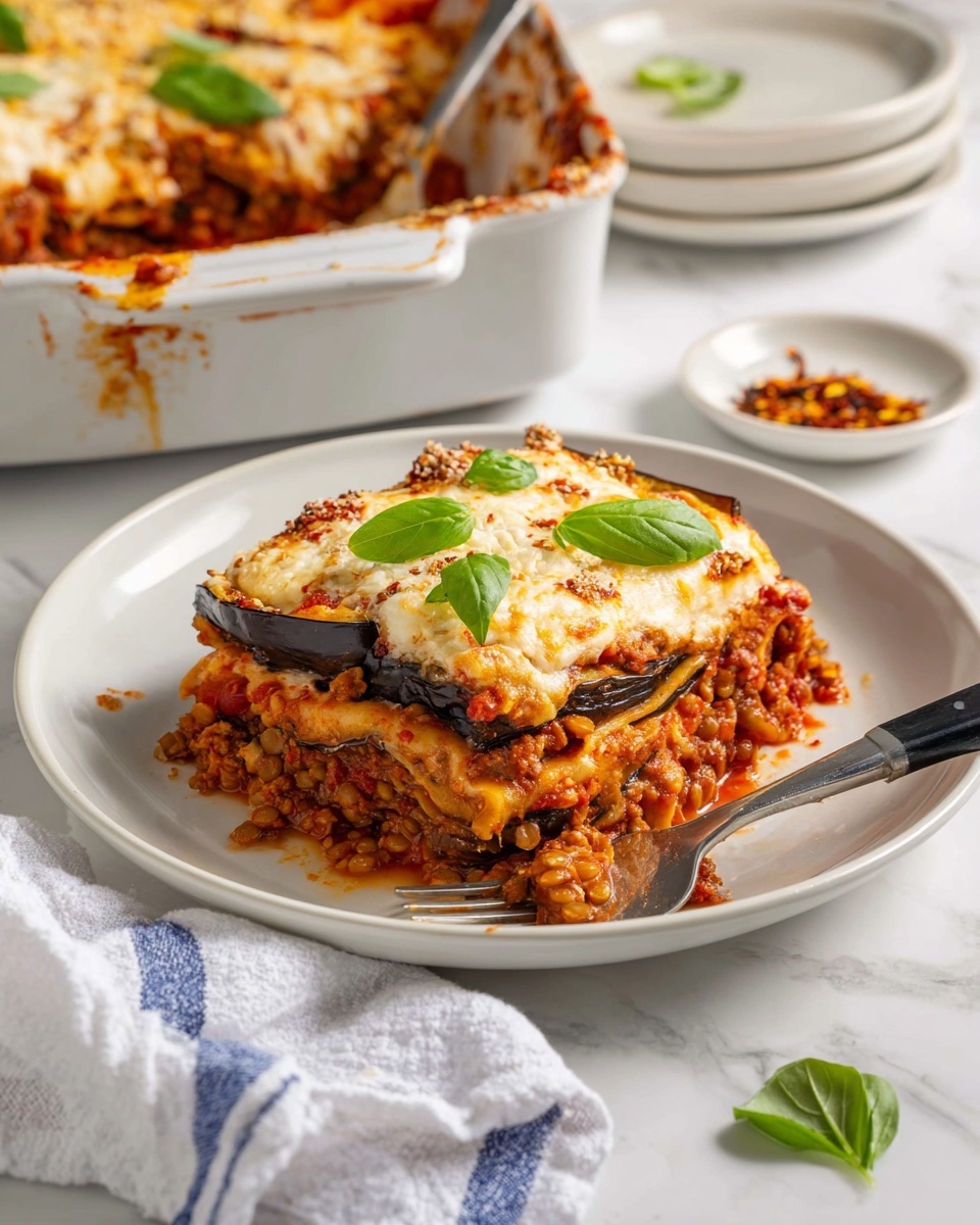 A white rectangular baking dish holds four large square pieces of lasagna. Each piece shows layers: a bottom layer with a red tomato sauce and soft pasta, a middle layer of chunky vegetables or beans mixed with tomato sauce, and a top layer of melted white cheese covering the whole surface, slightly browned in spots. Fresh green basil leaves are scattered on top for color. A metal spatula with a light wooden handle rests under the bottom right lasagna slice, ready to serve. The dish sits on a white marbled surface with a striped white and blue cloth in the corner and some fresh herbs on a wooden round board above. photo taken with an iphone --ar 4:5 --v 7