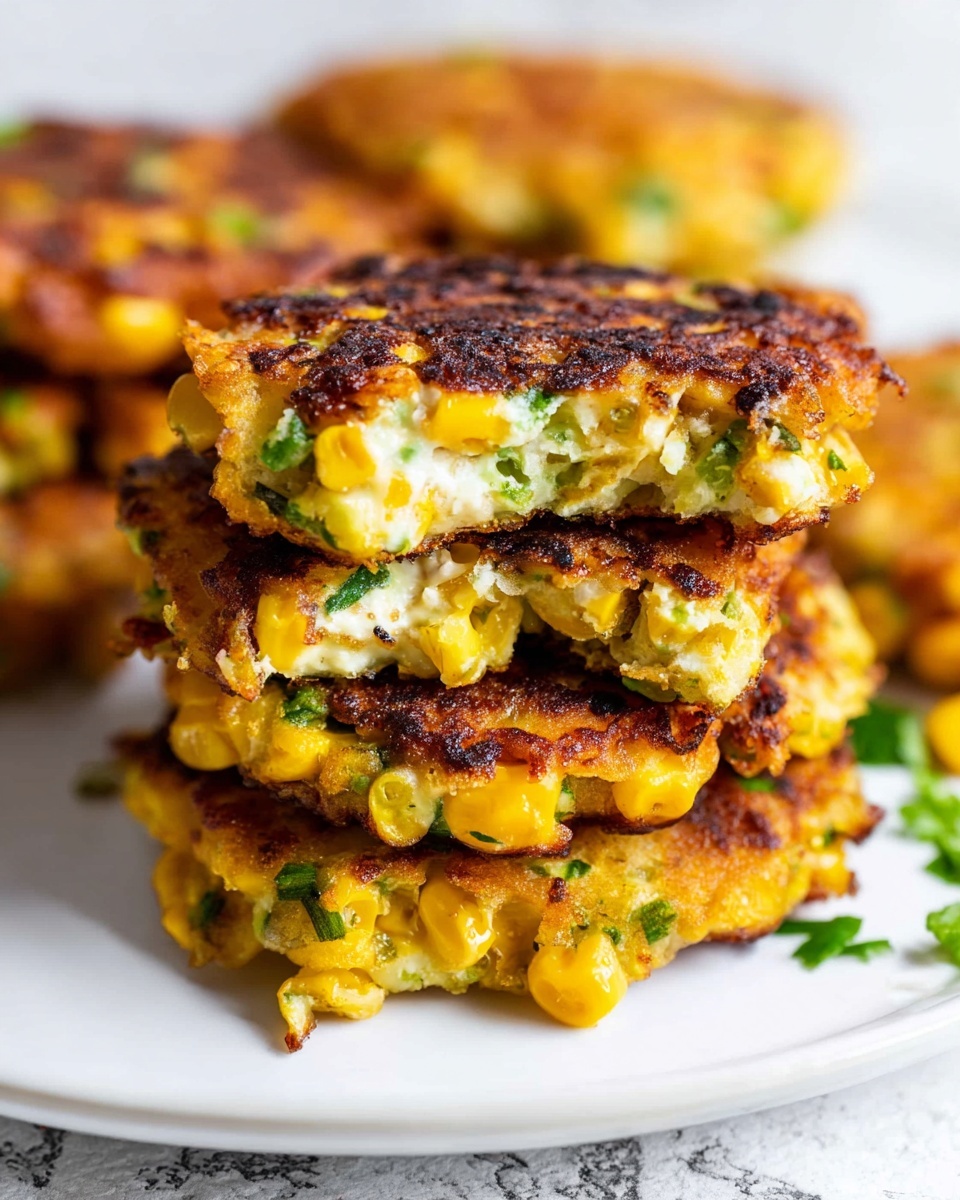 The image shows a stack of three golden brown corn fritters on a white plate with a white marbled background. Each fritter has a rough, crispy outer layer with visible charred spots, while the inside is soft with creamy white and green bits from herbs or vegetables and bright yellow corn kernels scattered throughout. The top fritter is split in half, showing the moist, tender inside with fresh green flecks mixed in. Additional fritters can be seen blurred in the background, creating a warm and appetizing scene. photo taken with an iphone --ar 4:5 --v 7