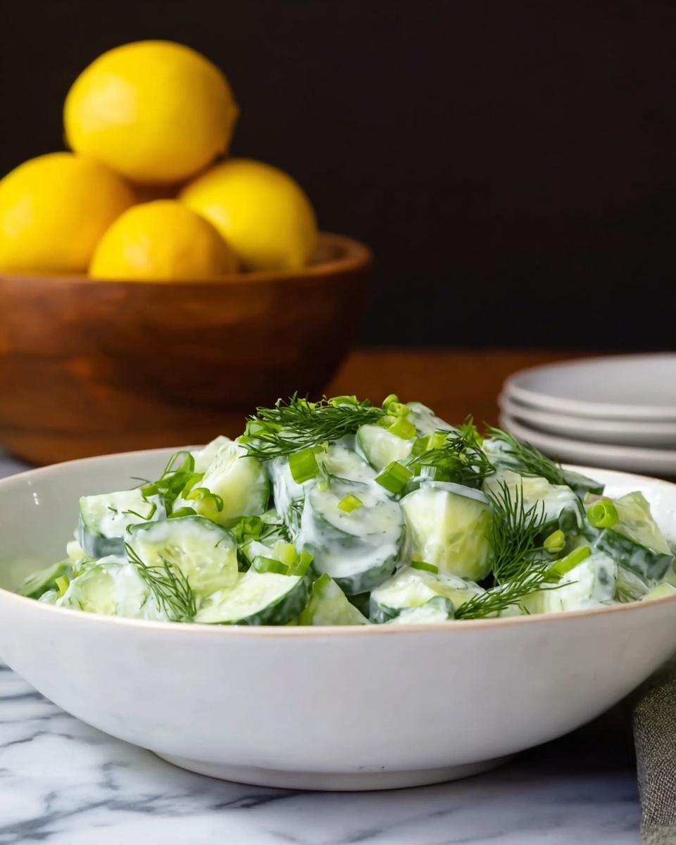 The image shows a white bowl filled with a fresh cucumber salad. The salad has about three main layers: the bottom layer consists of light green cucumber slices with dark green edges, cut into half-moons; the middle layer is creamy white dressing evenly coating the cucumber; and the top layer includes fresh dill sprigs and small pale green chopped scallions scattered all over. In the background, there is a blurred wooden bowl holding three bright yellow lemons against a dark backdrop, all placed on a white marbled surface. The focus is close on the bowl of salad, with soft natural lighting highlighting the freshness of the ingredients. Photo taken with an iphone --ar 4:5 --v 7