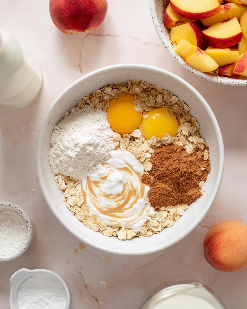 A white bowl filled with layers of baking ingredients sits on a white marbled surface. The bottom layer is light-brown rolled oats spread evenly around the bowl's edge. Two raw eggs with bright yellow yolks and clear whites are placed side by side near the center. To the right of the eggs is a mound of brown cinnamon powder, and below the eggs lies a swirl of thick white yogurt with some streaks of brown vanilla extract on top. On the left side next to the oats is a small pile of white flour. Surrounding the bowl are other items, including a white speckled bowl filled with chopped yellow and red peaches in the upper right, a single whole peach on the left, a glass bottle of white milk on the bottom left, and small white containers with powdered and granulated ingredients scattered around. A woman's hand is pouring milk into the bowl from the bottom right corner. photo taken with an iphone --ar 4:5 --v 7