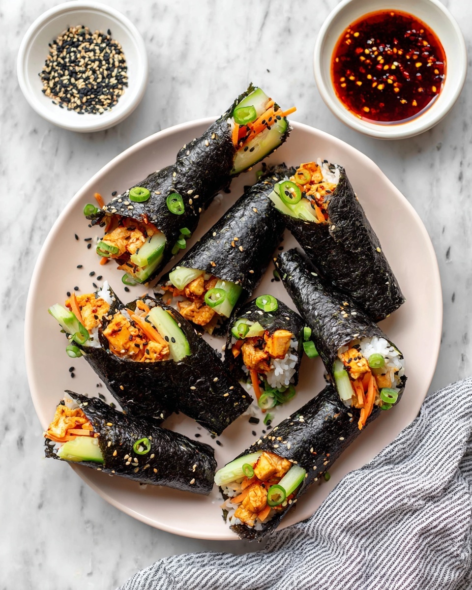 Nine seaweed hand rolls are arranged on a white plate, each filled with soft white rice, orange pieces of spicy marinated tofu, thin bright orange carrot sticks, light green cucumber slices, and green jalapeño slices. The seaweed wraps are dark and shiny with a slightly rough texture. On the plate and rolls, small black sesame seeds are sprinkled. Near the plate, two small white bowls sit on a white marbled surface, one with black sesame seeds and the other with a dark red chili sauce that has visible chili flakes floating in the oil. A striped gray and white cloth is partially visible in the corner. Photo taken with an iphone --ar 4:5 --v 7