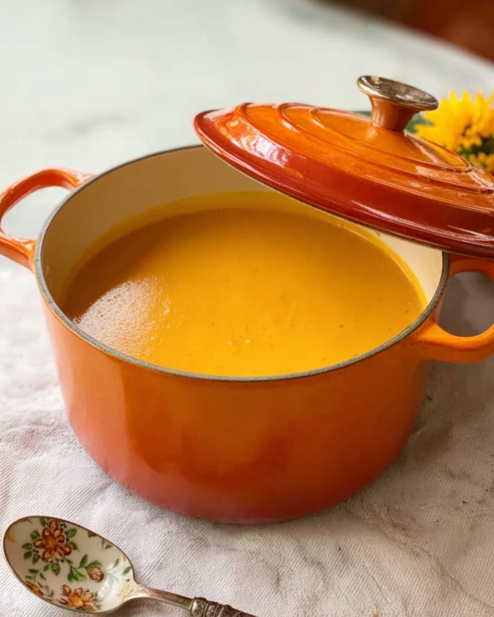 A bright orange pot with a lid is slightly open, showing smooth, creamy orange soup inside. The pot sits on a white marbled surface with a hint of a yellow flower and a spoon with a floral design nearby. The soup looks thick, filling the pot almost to the top, and the pot's glossy orange exterior contrasts with the creamy soup inside. The scene is cozy and simple, with soft natural light. Photo taken with an iphone --ar 4:5 --v 7