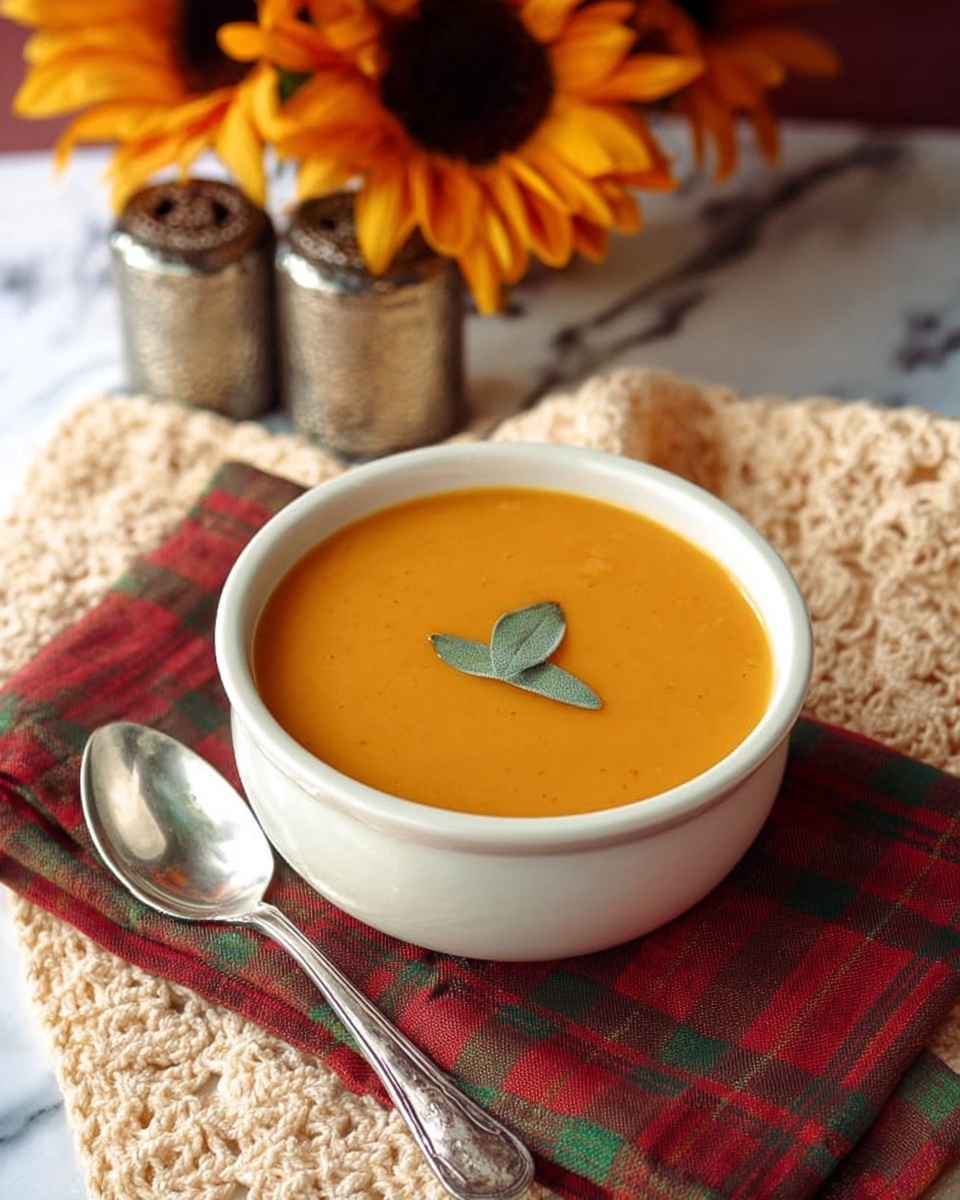 A white bowl filled with smooth orange soup sits on a white marbled texture covered by a beige crocheted cloth. A single green leaf floats gently on the soup surface. Next to the bowl is a silver spoon placed on a red and green plaid cloth. In the background, there are two small shiny silver containers and a bunch of bright orange sunflowers. The photo has a soft, warm light. photo taken with an iphone --ar 4:5 --v 7