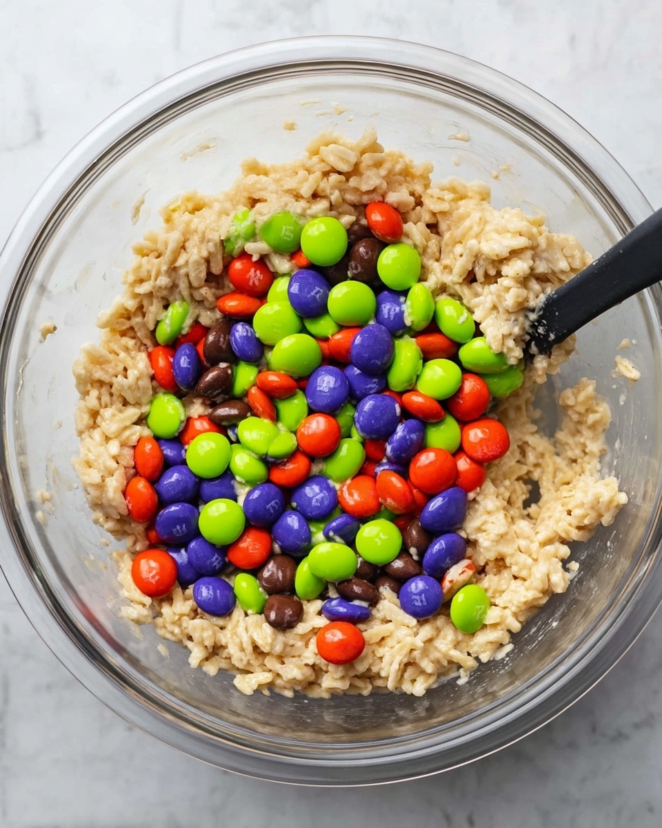 A clear glass bowl filled with a sticky light beige rice cereal mixture, topped with bright, colorful candy-coated chocolates in green, purple, red, and orange scattered around. A black spatula is partly visible inside the bowl, mixing the ingredients. The bowl is placed on a white marbled surface. Photo taken with an iphone --ar 4:5 --v 7
