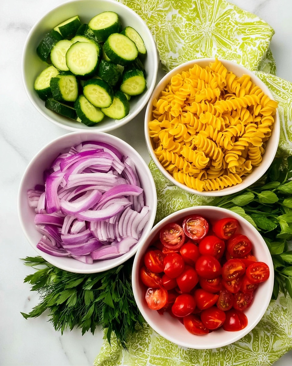The image shows four white bowls placed on a white marbled surface, each containing different fresh ingredients. The top left bowl holds sliced cucumber pieces, bright green with a slightly shiny texture. The top right bowl is filled with cooked yellow pasta spirals that look soft and smooth. The bottom left bowl contains sliced red onions with a translucent purple color and layered texture. The bottom right bowl has halved red grape tomatoes with a juicy, shiny look. Fresh herbs in green shades are placed around the bowls, along with a green patterned cloth partially under the bowls. Photo taken with an iphone --ar 4:5 --v 7