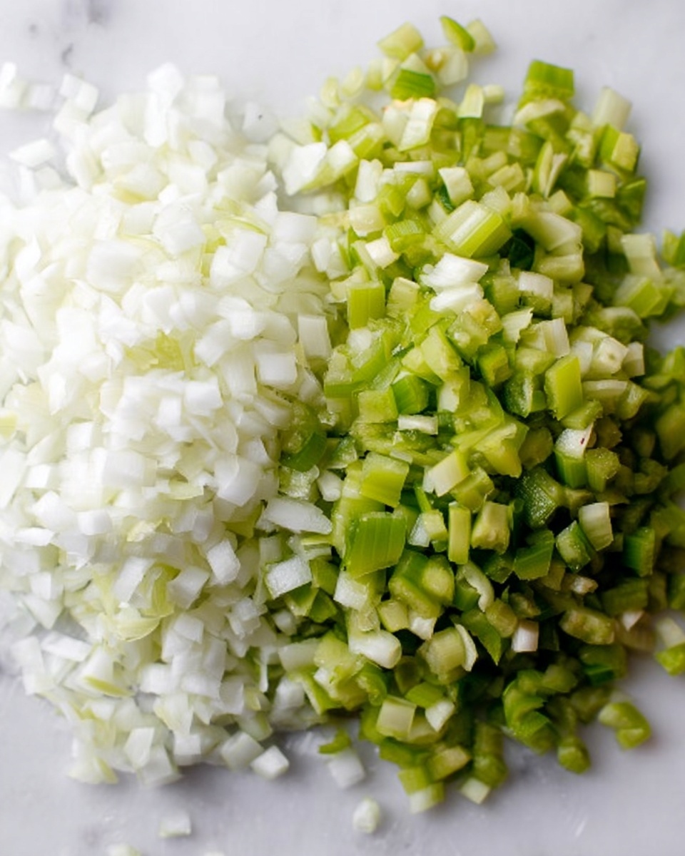 This image shows two piles of small diced vegetables on a white marbled surface. On the left side, there is a mound of finely chopped white onions with smooth, slightly translucent texture. On the right side, a heap of chopped celery pieces shows light green stalks with slightly darker green edges and a crunchy texture. The vegetables are arranged side by side, covering the clean white marbled surface evenly. photo taken with an iphone --ar 4:5 --v 7