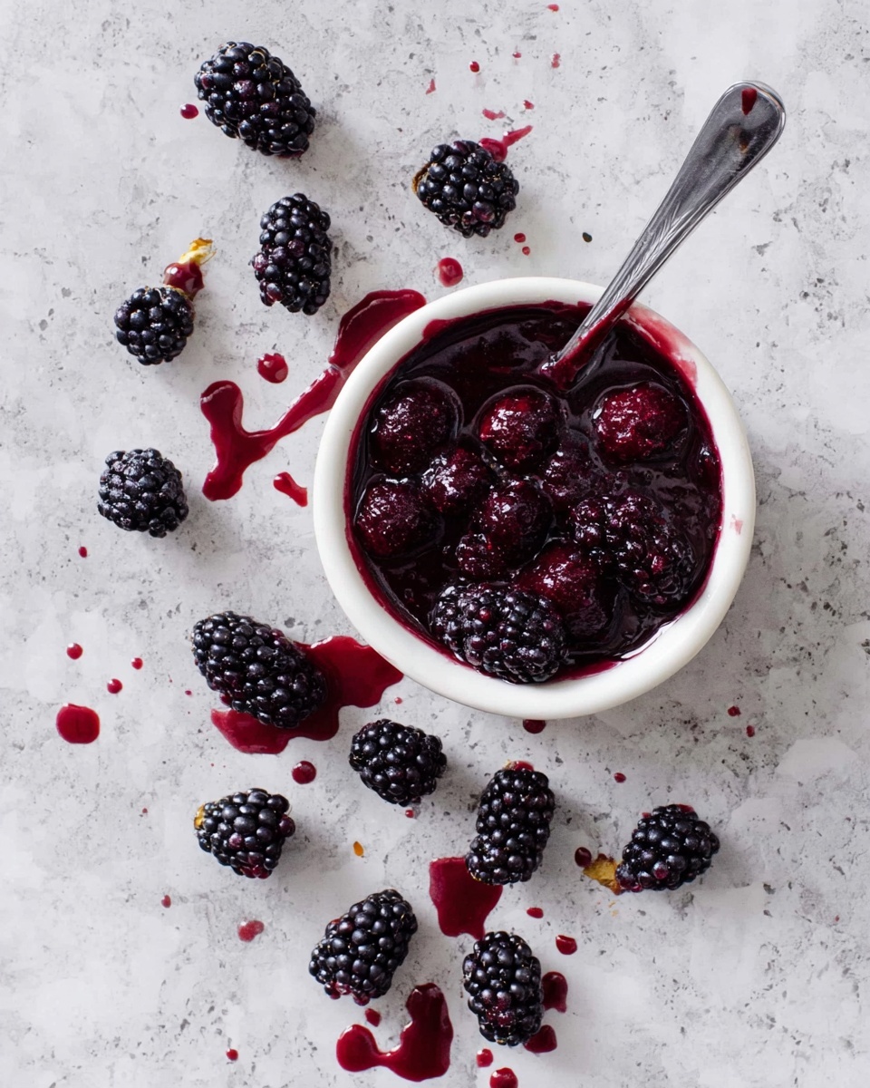 A small white bowl filled with a deep red blackberry sauce and whole blackberries sits on a white marbled surface. Blackberries are scattered around the bowl, along with drops and small pools of the thick dark red sauce. A silver spoon rests inside the bowl with its handle pointing outwards. The overall scene shows a rich, berry-filled sauce with fresh blackberries and a clean white marble background photo taken with an iphone --ar 4:5 --v 7