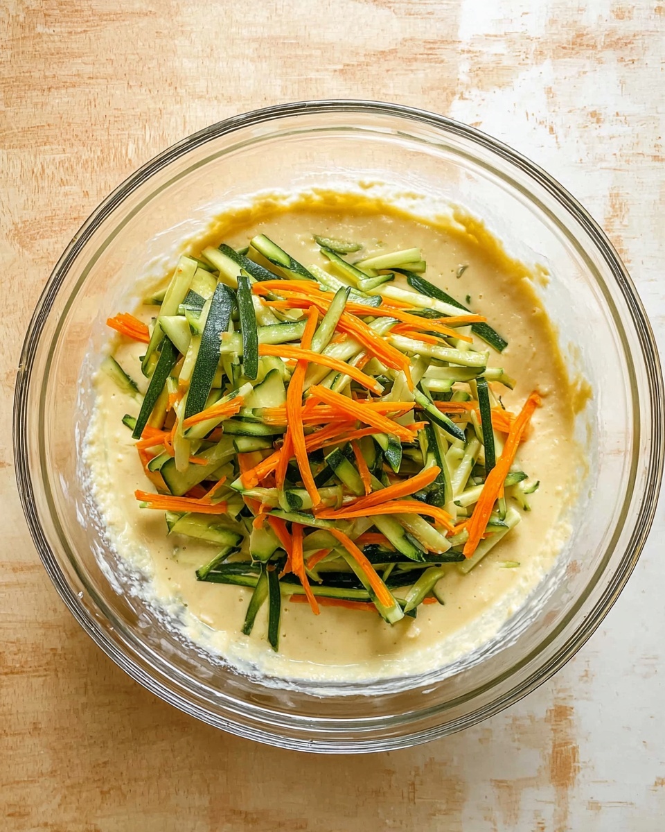 A clear glass bowl contains three main layers of ingredients on a white marbled surface. The bottom layer is a smooth, light beige batter spread evenly inside the bowl. On top of this, there is a layer of green chopped zucchini strips and pieces arranged loosely across the batter. Scattered on the zucchini are thin, bright orange carrot shreds adding a vibrant color contrast. The bowl is centered in the image, showing a rustic wooden texture in the background, with no woman's hand visible. photo taken with an iphone --ar 4:5 --v 7