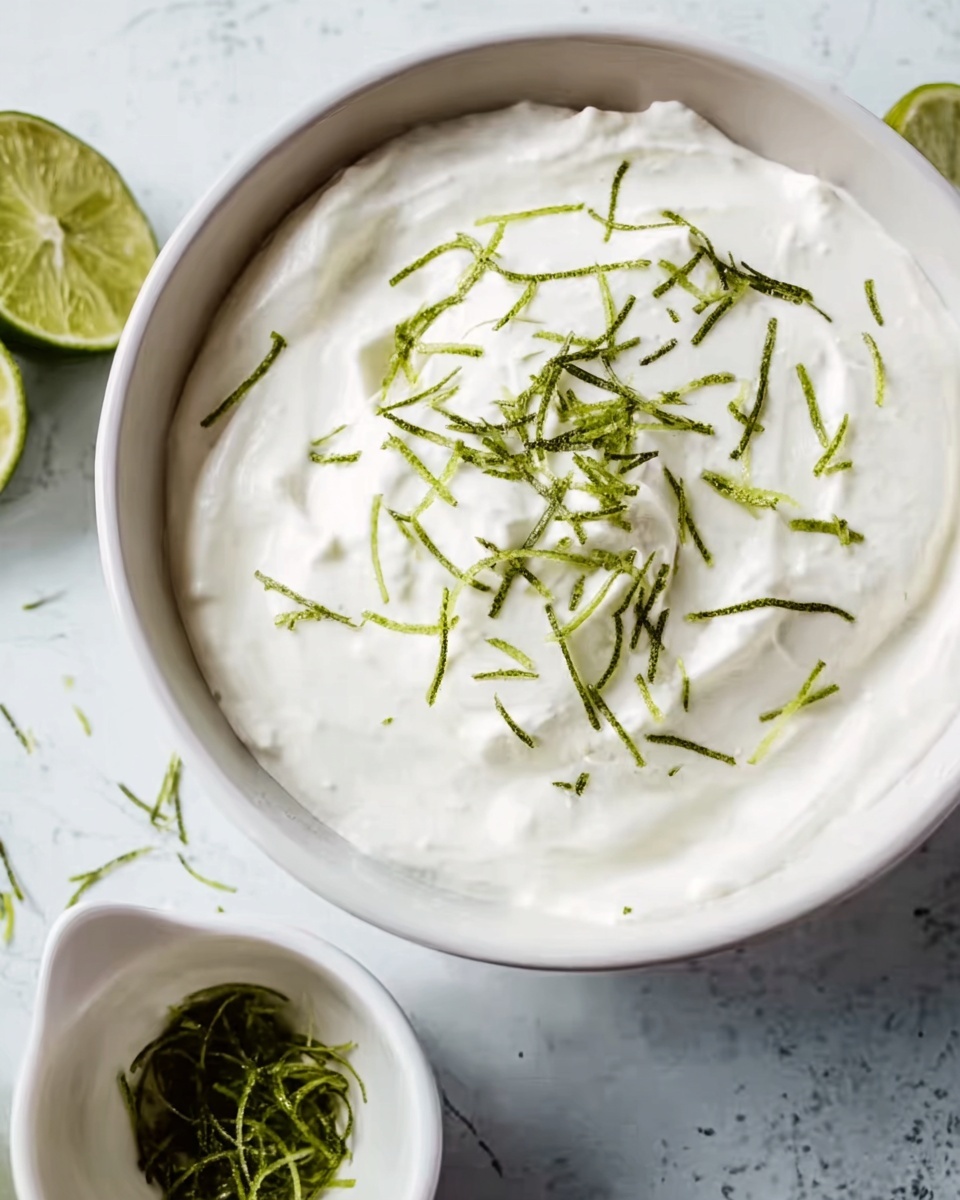 A white bowl filled with a smooth, thick, white creamy substance, topped with thin, long, dark green strips that look like lime zest scattered evenly on the surface. The bowl sits on a white marbled surface with a small white cup beside it containing more of the green strips and a small lime wedge partially visible. The overall look is fresh and simple with clean colors and textures. Photo taken with an iphone --ar 4:5 --v 7
