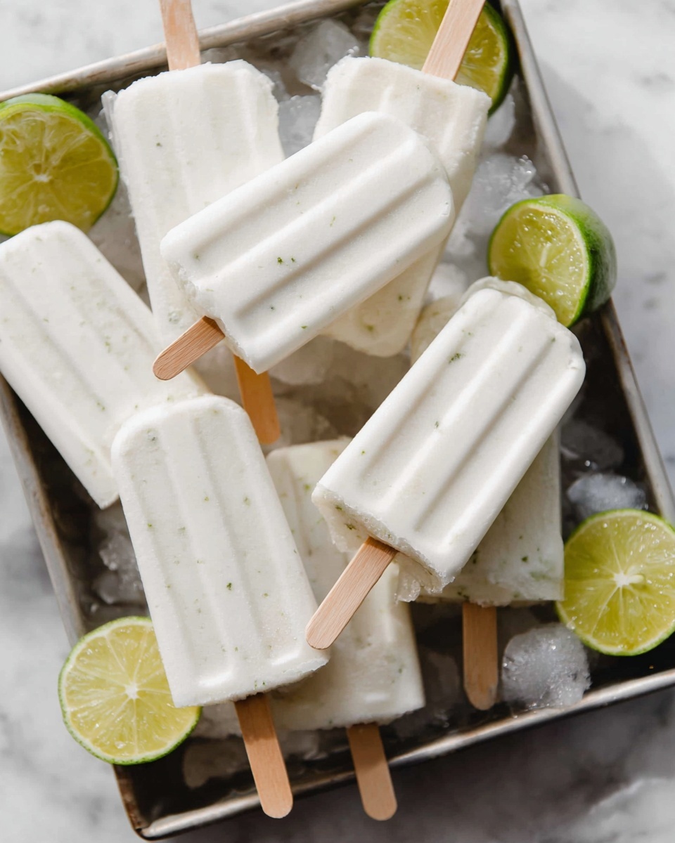The image shows six white popsicles with some small green specks inside them, each attached to a natural wooden stick, arranged on a metal tray filled with ice cubes. Around the popsicles, there are halves of squeezed lime with a slightly yellow-green color, placed casually on the ice. The tray rests on a white marbled surface, creating a fresh and cool look. The lighting highlights the smooth and cold texture of the popsicles, emphasizing their creamy white color and wooden sticks. photo taken with an iphone --ar 4:5 --v 7