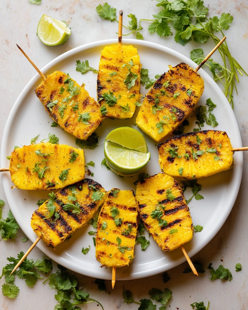 Six grilled yellow pineapple slices with light char grill marks are arranged around the edge of a round white plate. Each slice is on a wooden skewer, and fresh green cilantro leaves are sprinkled over the pineapples and plate. In the center are several light green lime wedges stacked neatly. The plate sits on a white marbled surface with some scattered cilantro leaves nearby. Photo taken with an iphone --ar 4:5 --v 7