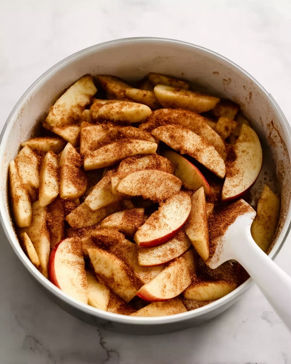 The image shows a white pan filled with many thick slices of peeled apples coated in a cinnamon spice mix. The apples are layered loosely, some overlapping each other, and their colors vary from light cream to warm brown from the spice. A woman's hand is holding a white spatula partly visible on the right side of the pan. The background is a white marbled surface. photo taken with an iphone --ar 4:5 --v 7