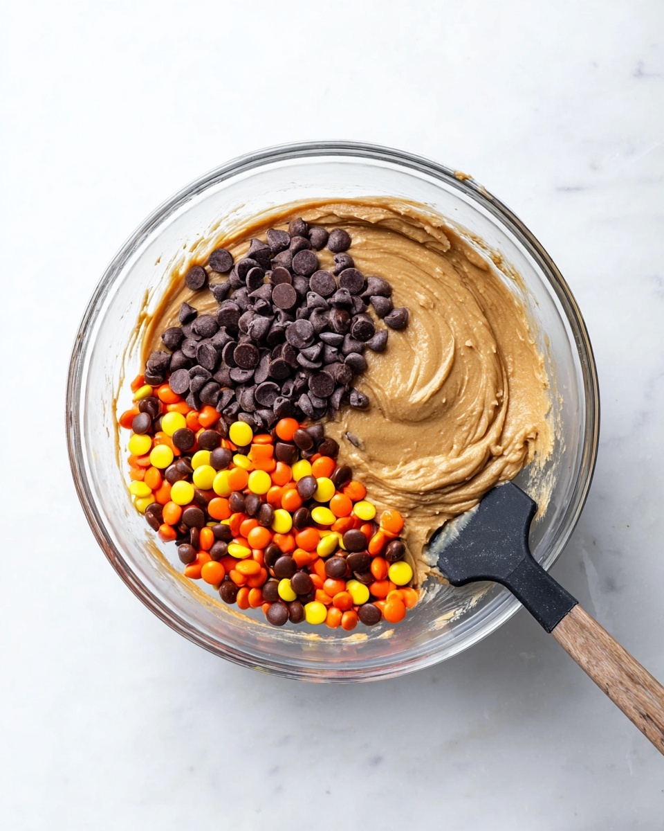A clear glass bowl sits on a white marbled surface, filled with a thick light brown batter spread smoothly on the bottom. On top, there are two piles of toppings: one side has small dark brown chocolate chips, and the other side has colorful candy-coated pieces in bright orange, yellow, and brown. A black spatula with a wooden handle rests next to the bowl. photo taken with an iphone --ar 4:5 --v 7