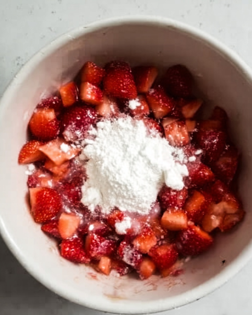 A white bowl filled with small, chopped red strawberries, topped with a white powder, likely sugar or cornstarch, placed in the center. The strawberries have a fresh, slightly shiny texture with some liquid around them, indicating moisture. The white powder is piled unevenly on top, creating contrast against the red fruit. The bowl sits on a white marbled surface. photo taken with an iphone --ar 4:5 --v 7