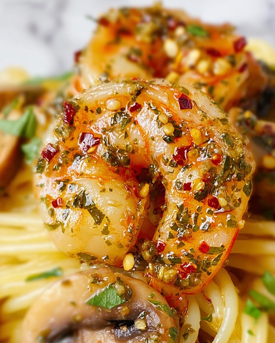 A close-up look at a shrimp dish showing a single shrimp curled in the center covered with a mix of green herbs and red chili flakes, giving it a shiny, seasoned texture with tiny bits of spices on the surface. The shrimp is placed on top of creamy, light yellow pasta, and in the background, some small pieces of brown mushrooms and green herbs are visible. Everything rests on a white marbled surface. photo taken with an iphone --ar 4:5 --v 7