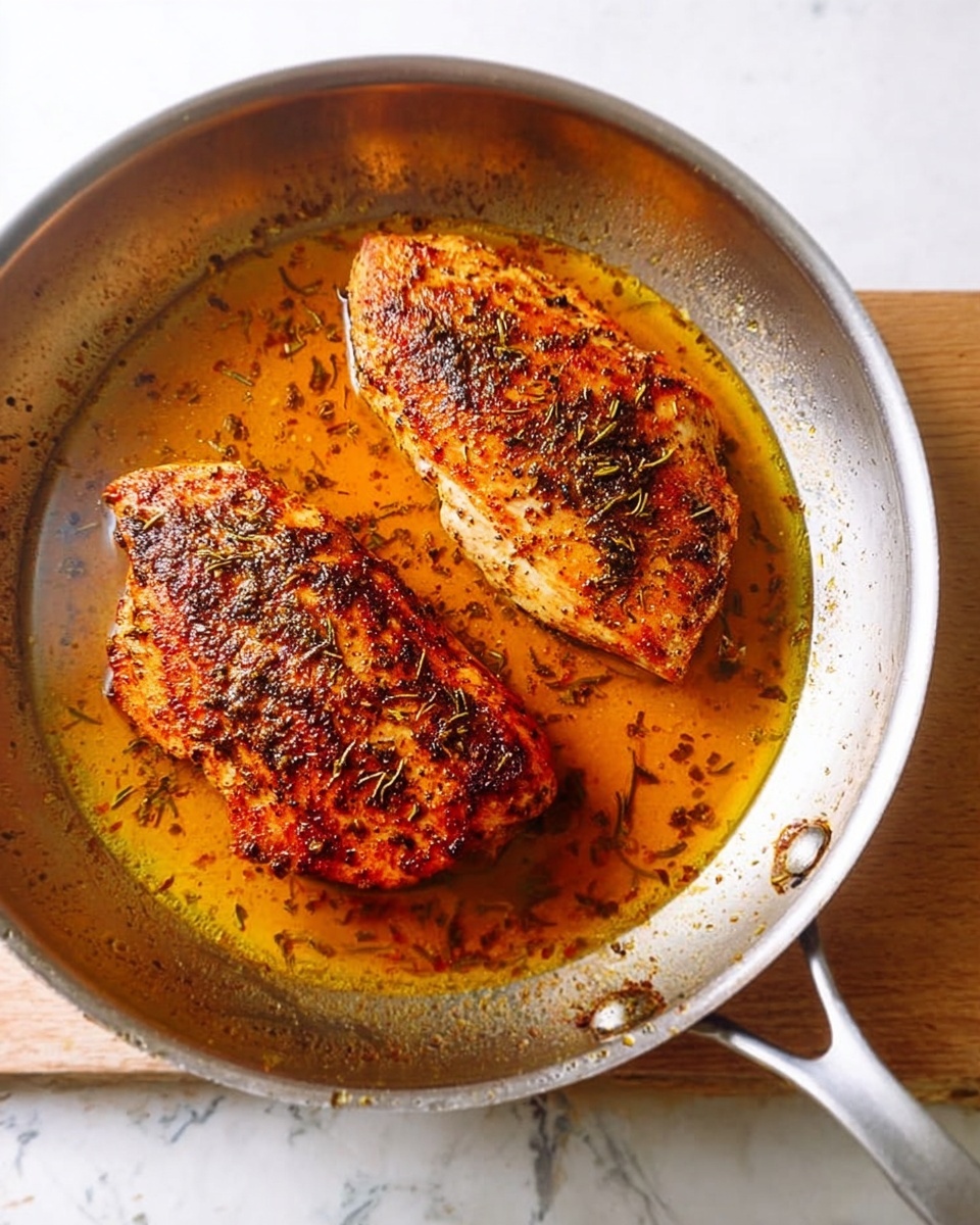 Two pieces of seasoned cooked chicken sit in a stainless steel pan with a light brown oily sauce. The chicken pieces have a crispy, dark reddish-brown crust with visible black spices and herbs on top. The pan has a simple metal handle and rests on a white marbled surface. photo taken with an iphone --ar 4:5 --v 7
