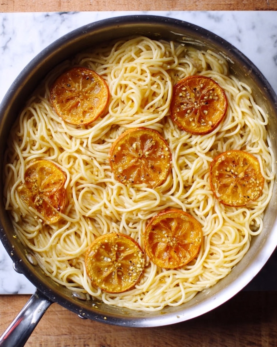 A round silver pan filled with light yellow cooked spaghetti noodles spread evenly across the bottom, with several round slices of cooked lemon placed on top. The lemon slices are golden orange with a slightly charred texture and seeds visible in their centers. The pan rests on a white marbled surface. photo taken with an iphone --ar 4:5 --v 7