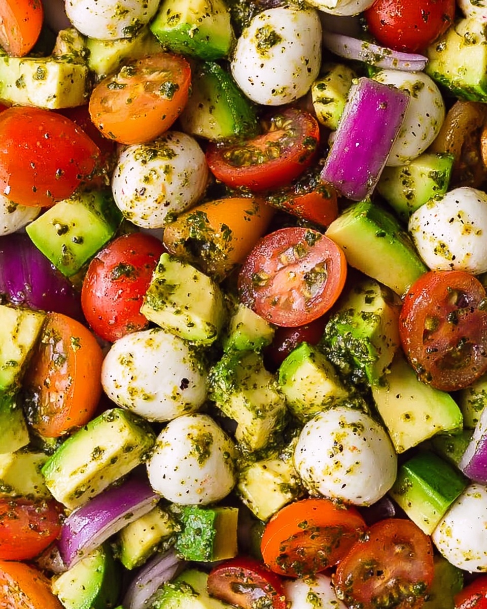 This image shows a close-up view of a fresh salad mixed evenly. There are round white mozzarella balls scattered throughout, shining slightly with herbs. Bright red and orange cherry tomatoes are cut in halves, showing their juicy inside. Small green cubes of avocado and cucumber slices add fresh texture and color. Pieces of purple onion add contrast with their glossy texture. Everything is coated with a green pesto-like dressing that has small herb bits, spreading a slightly oily shine over the salad. The whole dish is set against a white marbled background. photo taken with an iphone --ar 4:5 --v 7