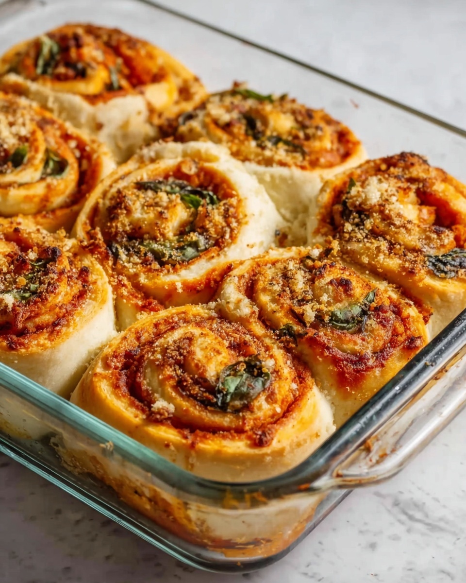 The image shows a glass baking dish filled with freshly baked pizza rolls. Each roll has multiple layers visible in a spiral shape, starting with a golden-brown dough exterior. Inside, there is a layer of red tomato sauce, followed by melted light-orange cheese, and green basil leaves scattered throughout. The rolls are slightly browned on top with a sprinkle of golden-brown toasted crumbs and herbs, adding texture. The glass dish rests on a white marbled surface. Photo taken with an iphone --ar 4:5 --v 7