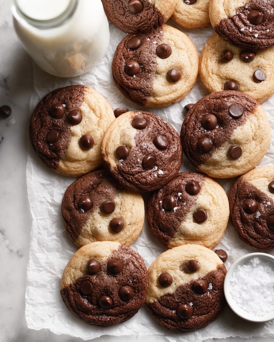 This image shows many round cookies lying close together on crinkled white parchment paper over a white marbled surface. Each cookie has two clear halves, one dark chocolate brown and the other light beige with chocolate chips mixed in. The cookies vary slightly in shape but are mostly uniform in size. Some chocolate chips sit on top of the cookies, mostly on the beige side, adding a raised texture. On the left side near the top, there is a large white glass bottle filled with milk, and near the bottom right corner, there is a small white bowl filled with coarse salt. The whole scene looks bright and natural with soft, even lighting. Photo taken with an iphone --ar 4:5 --v 7