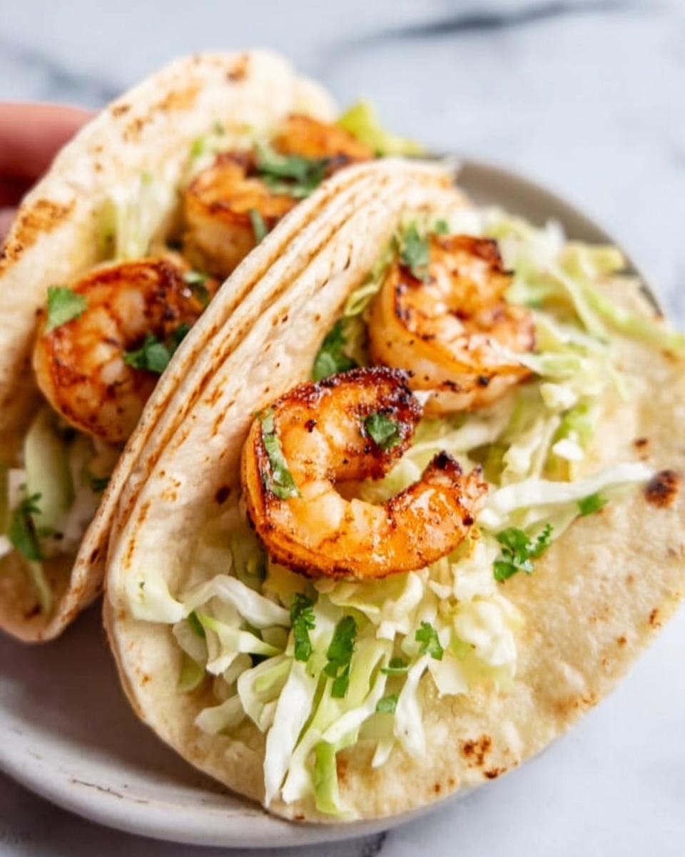 The image shows a close-up of shrimp tacos with three folded white tortillas filled with grilled shrimp. The shrimp are orange with some dark grill marks and small green herb pieces on top. Beneath the shrimp, there is a layer of finely shredded light green lettuce mixed with small bits of white onion. The tacos rest on a white marbled surface. Photo taken with an iphone --ar 4:5 --v 7