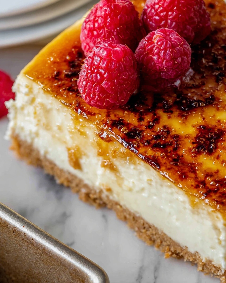 The image shows a close-up of a slice of dessert with three visible layers: a light brown, slightly crumbly crust at the bottom; a thick, creamy white middle layer; and a shiny, golden caramelized sugar top layer with a few browned spots. On the top edge of the slice, there are three fresh red raspberries with textured surfaces. The dessert slice rests on a white marbled surface with part of a baking tray visible to the left. Photo taken with an iphone --ar 4:5 --v 7