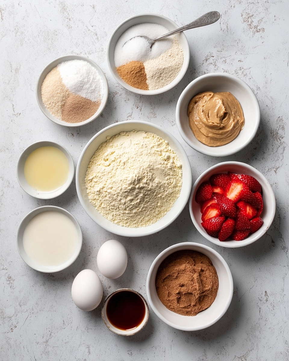 The image shows nine white bowls and dishes arranged on a white marbled surface, each containing different ingredients. In the center is a large bowl filled with a pale yellow fine powder. Surrounding it, clockwise from the top left, is a small white bowl with four powders: white, light beige, light brown, and another white powder. Next is a small bowl with a smooth light brown paste, followed by another bowl with a chunkier beige paste. To its right is a bowl with bright red sliced strawberries. Below that is a bowl filled with brown sugar. At the bottom center, there are three white eggs placed close together. To the left, there is a bowl with a white liquid, a small spoon with a light yellow liquid inside it, and a tiny bowl containing a dark brown liquid. Photo taken with an iphone --ar 4:5 --v 7