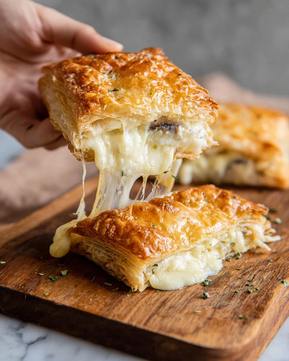 A woman's hand is holding a golden-brown, flaky, square pastry that is pulled apart from another identical pastry on a wooden board. The pastry has three visible layers: a crispy, textured top crust with a shiny finish; a thick, creamy white cheese layer with strings of melted cheese stretching between the two pastries; and a bottom crust that's crisp and flaky with small bits of green herbs and pieces of cooked mushrooms visible within the cheese. The background is a soft blur with a neutral tone, and the whole scene rests on a white marbled surface. Photo taken with an iphone --ar 4:5 --v 7