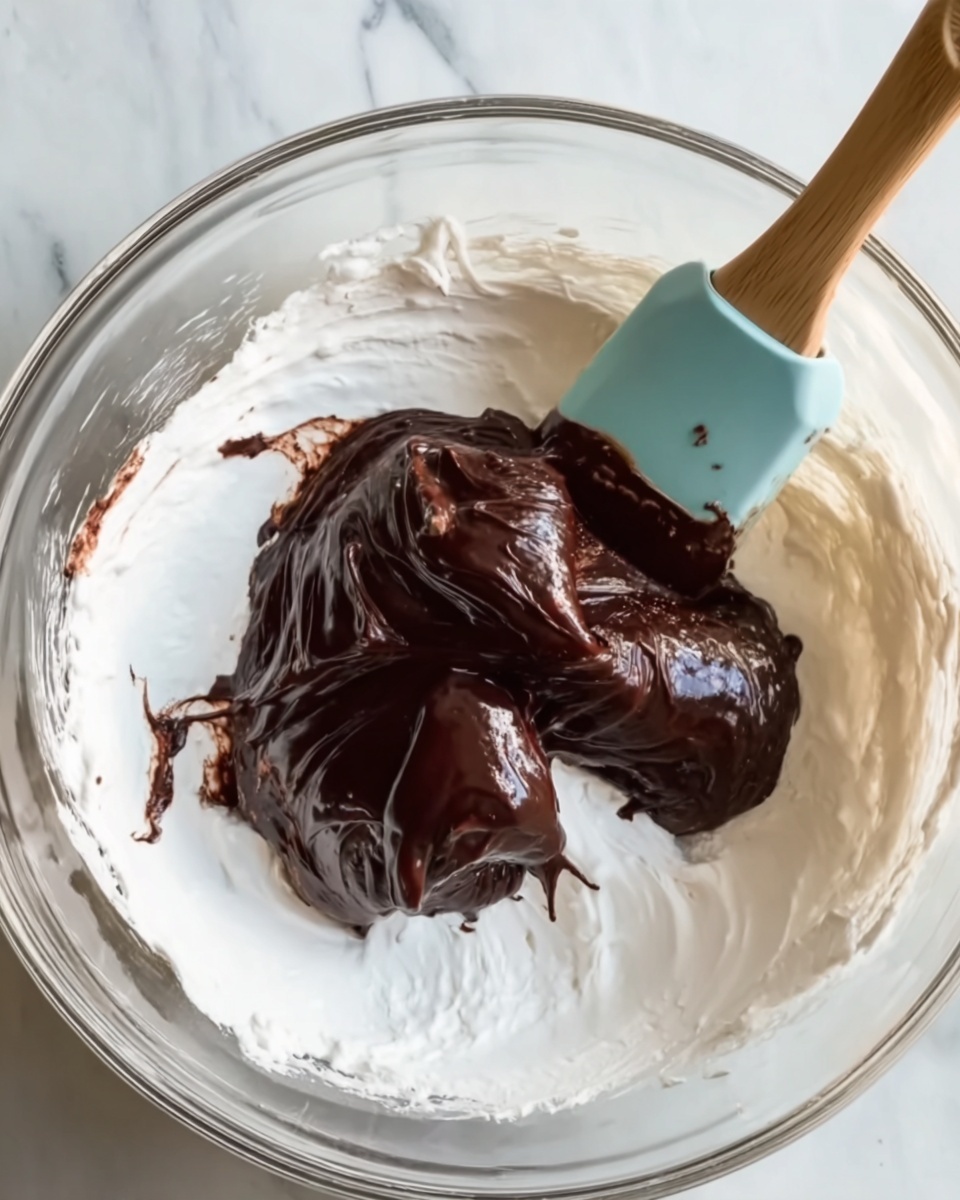 A clear glass bowl sits on a white marbled surface, inside which there is a thick white whipped cream-like layer covering the sides, with two rich dark brown dollops of glossy chocolate mixture placed in the center. A light blue spatula with a wooden handle rests against the side of the bowl, partially coated in the dark chocolate substance. The image shows a mix of smooth, creamy textures with strong contrasts between the dark chocolate and white whipped layer photo taken with an iphone --ar 4:5 --v 7