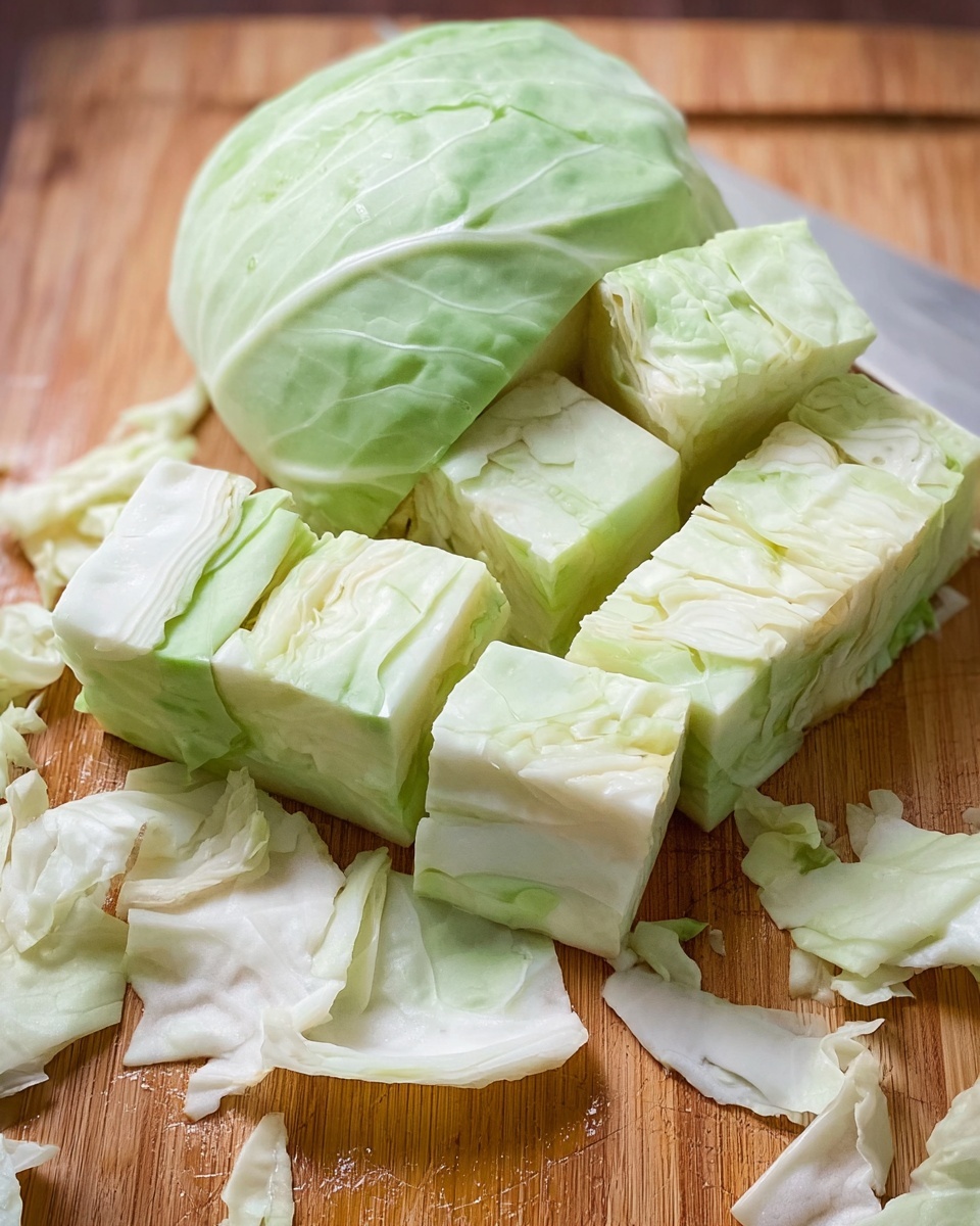 A close-up image of a light green cabbage that is cut into about twelve thick square pieces arranged in a block shape on a wooden cutting board. Around the cut cabbage, there are loose white and pale green cabbage leaves scattered randomly, showing a rough texture. The overall colors are soft greens and white with the wooden board adding a warm brown background. The cabbage pieces show clear layers of leafy texture with gentle curves and veins visible. Photo taken with an iphone --ar 4:5 --v 7
