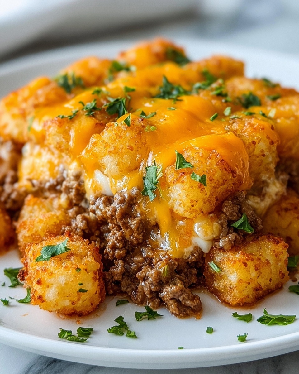 A close-up view of a white plate with a single thick layer of crispy golden tater tots at the base, topped by a layer of brown cooked ground meat spread evenly. Over this is a melted bright orange cheddar cheese layer with a creamy texture, covering most of the meat and tots. Small bits of fresh green parsley are sprinkled on top and scattered around the plate edge, adding color contrast. The plate rests on a white marbled surface. The lighting highlights the rich colors and textures of the dish, making it look fresh and appetizing. photo taken with an iphone --ar 4:5 --v 7
