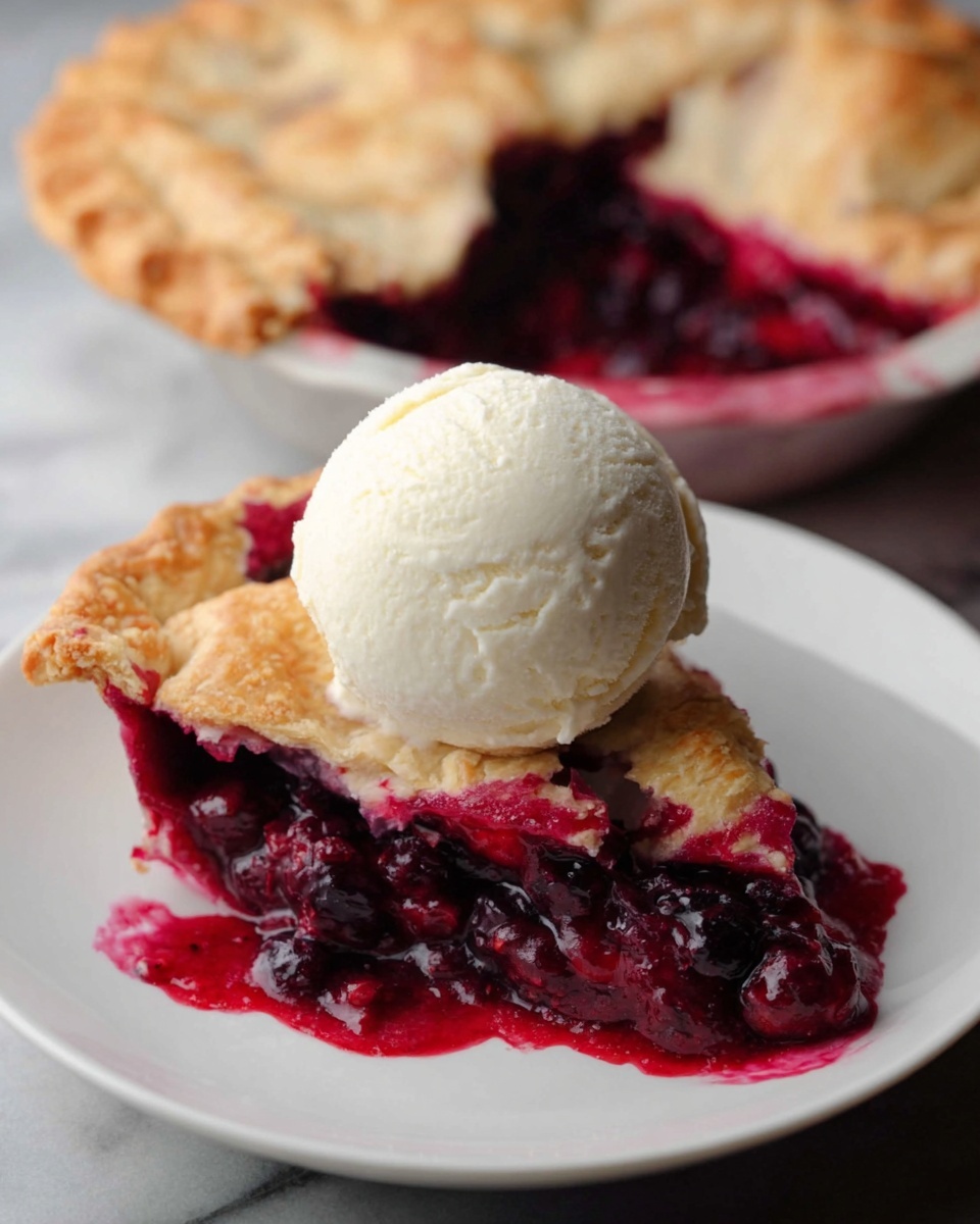 A slice of berry pie sits on a white plate, showing two layers: a golden, flaky top crust with a slightly uneven edge, and a bright, glossy deep red berry filling with visible whole berries spilling out at the bottom. On top of the pie slice is a smooth, round scoop of vanilla ice cream with a slightly textured surface. In the blurry background, there is a full round pie with a matching golden crust and dark red berry filling visible under the cut section, resting on a white marbled surface. Photo taken with an iphone --ar 4:5 --v 7