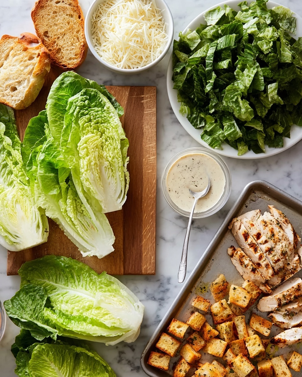 The image shows ingredients for a fresh salad arranged on a white marbled surface. On the bottom left, there are two fresh green romaine lettuce heads; one is whole, and the other is cut in half to show the crisp layers inside. Next to them, chopped lettuce with a deep green color is placed on a wooden board in the center of the image. Above the board, a small white bowl is filled with white shredded cheese. To the right, there is a white plate with several grilled pieces of seasoned chicken which have light brown grill marks. Near the chicken, on a baking sheet, are golden brown cubed croutons with some herbs on them. A small white bowl with creamy dressing is at the top center, with a spoon resting inside. A piece of toasted bread with a golden crust is visible in the top left corner. photo taken with an iphone --ar 4:5 --v 7