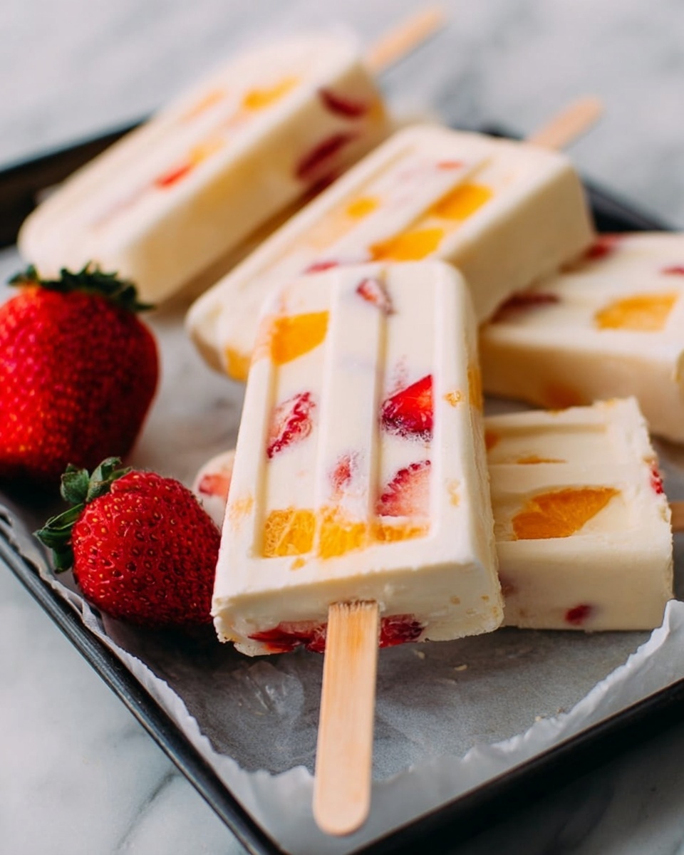 The image shows several cream-colored popsicles with visible pieces of red strawberries and orange fruit chunks inside, placed on a white paper-lined black tray on a white marbled surface. One popsicle is closest to the camera, centered, with a wooden stick pointing outward. To the left of the popsicles, there is a fresh whole strawberry with its green leaves still attached. The popsicles have a smooth and slightly textured surface, and the fruit pieces are embedded inside each one in a scattered pattern. The background is softly blurred. photo taken with an iphone --ar 4:5 --v 7