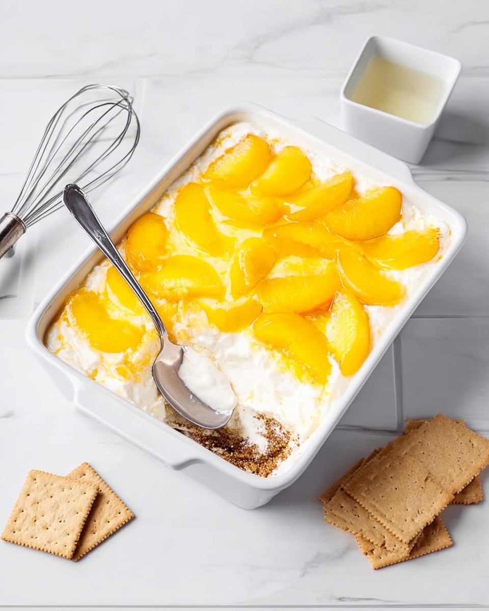 A white square baking dish filled with a layered dessert. The bottom layer appears dark and crumbly, possibly a crust. On top of that is a thick creamy white layer, which could be a cheese or pudding layer. The top layer consists of bright yellow peach slices spread evenly across the surface, giving a smooth and shiny look. A silver spoon rests in the dish on the peach layer. Around the dish, on a white marbled surface, there are a few plain rectangular crackers on the right, two metal beaters on the left, and a small white square cup with some liquid in it placed above the baking dish. photo taken with an iphone --ar 4:5 --v 7