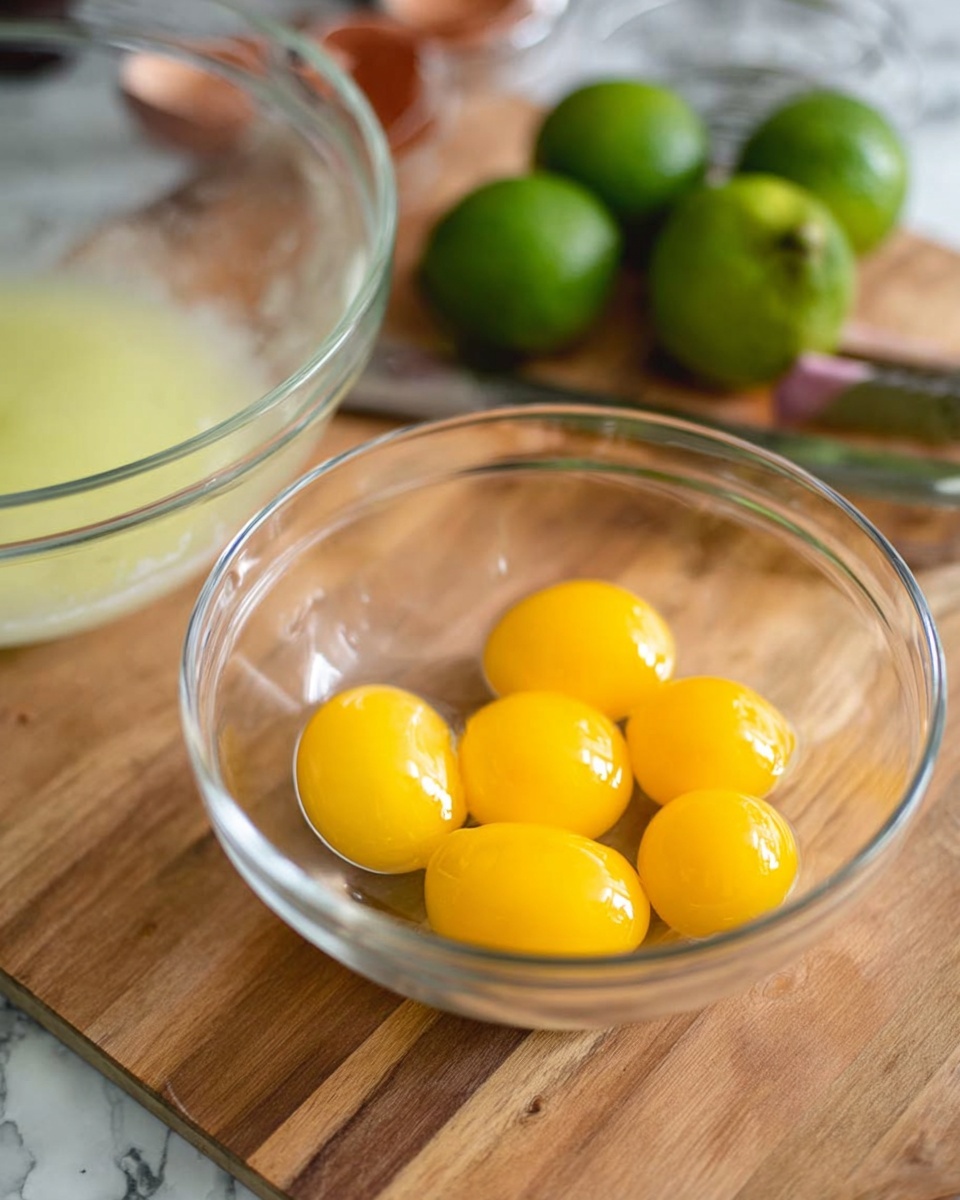 The image shows a clear glass bowl containing six bright yellow egg yolks grouped together at the bottom. Behind this bowl, there is another clear glass bowl with a light yellow liquid, possibly egg whites. In the background, there are several whole green limes and some utensils on a wooden surface. A woman's hand holds a lime in the upper right part of the image. The entire scene is set against a white marbled textured background. photo taken with an iphone --ar 4:5 --v 7