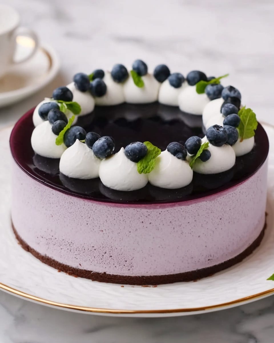 The image shows a round cake with two clear layers on a white plate with a gold rim, sitting on a white marbled surface. The bottom layer is light purple with a smooth, creamy texture and the top layer is a dark shiny purple layer that looks like jelly. Around the top edge of the dark layer, there is a circle of white cream dollops topped with fresh blueberries and small green leaves, giving a fresh and colorful look. The cake has a neat and clean finish with soft shadows. Photo taken with an iphone --ar 4:5 --v 7