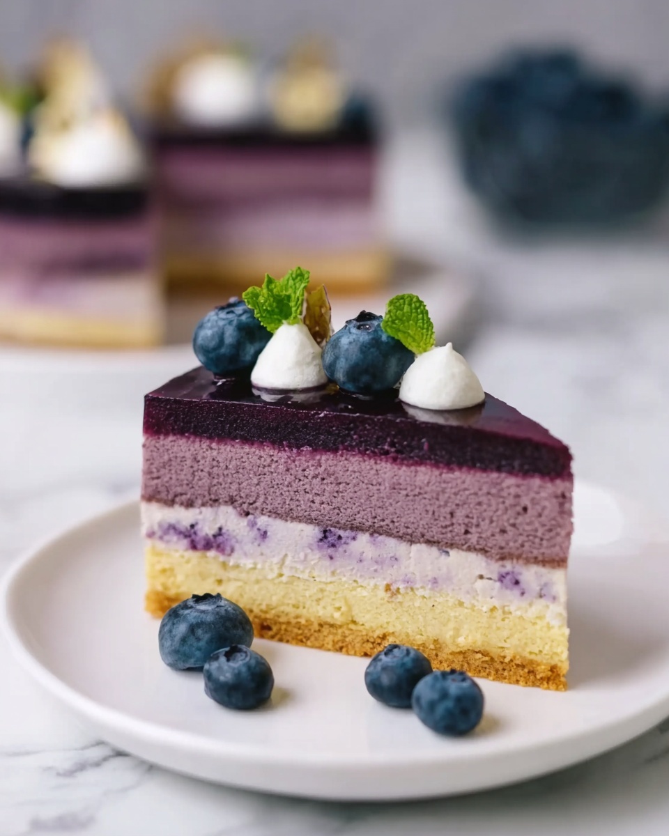 A slice of layered cake sits on a white plate on a white marbled surface, showing four visible layers: a light yellow bottom layer, a light purple layer with some berry bits above it, then a slightly darker purple layer, and finally a shiny dark purple top layer. The top is decorated with three small dollops of white cream, each topped with a fresh blueberry and a tiny green leaf. Around the plate, several fresh blueberries are scattered, and in the blurred background, there is another plate with a similar slice of cake and a bunch of blueberries. photo taken with an iphone --ar 4:5 --v 7