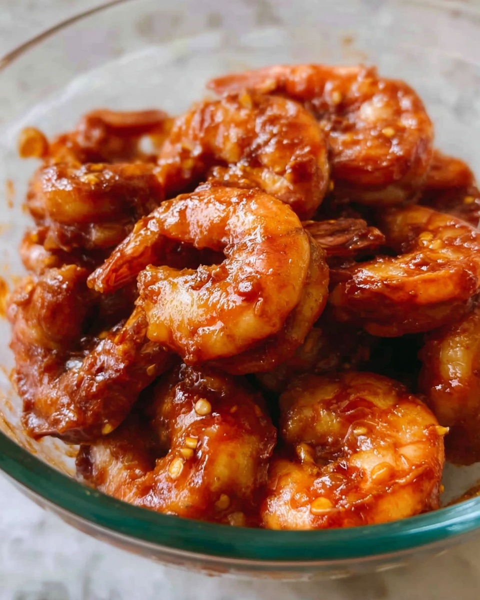 A close-up image of a clear glass bowl filled with large cooked shrimp coated in a shiny, reddish-brown sauce with visible small bits of spices and herbs. The shrimp are piled on top of each other, showing their curved shape and slightly crispy texture under the sauce. The bowl sits on a white marbled texture surface. photo taken with an iphone --ar 4:5 --v 7
